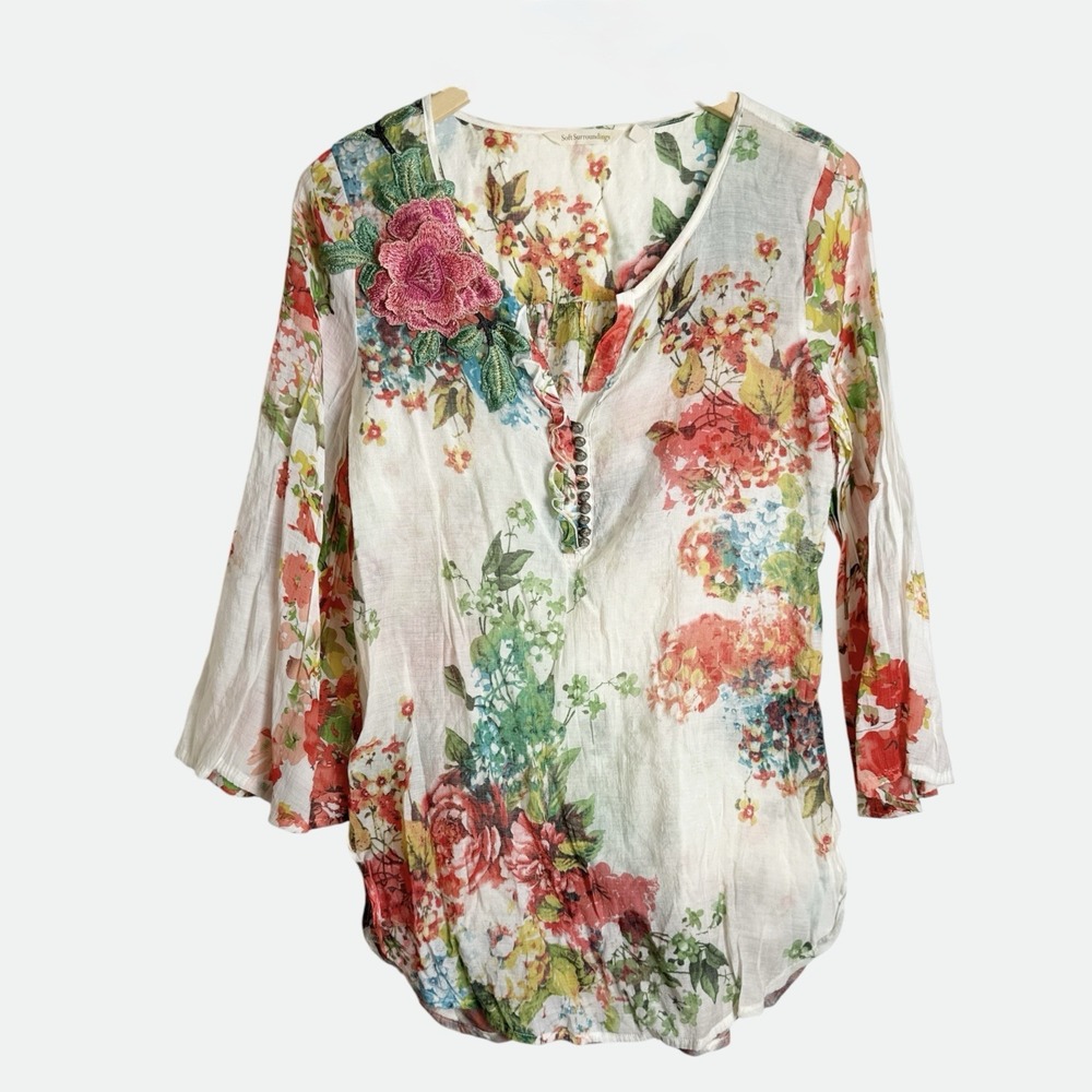 Soft Surroundings Long Sleeve Tunic Top Floral Applique Colorful Mix Print Sz S